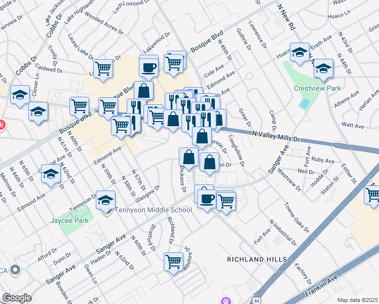 map of restaurants, bars, coffee shops, grocery stores, and more near 5301 Tennyson Drive in Waco
