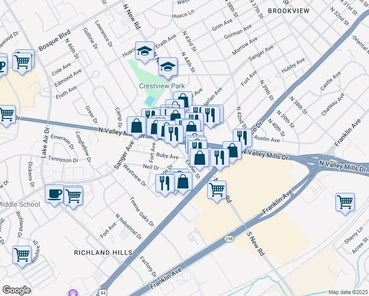 map of restaurants, bars, coffee shops, grocery stores, and more near 651-699 Esther Street in Waco