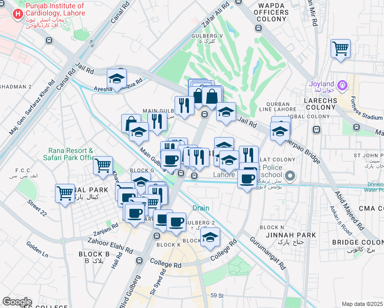 map of restaurants, bars, coffee shops, grocery stores, and more near Main Boulevard Gulberg in Lahore