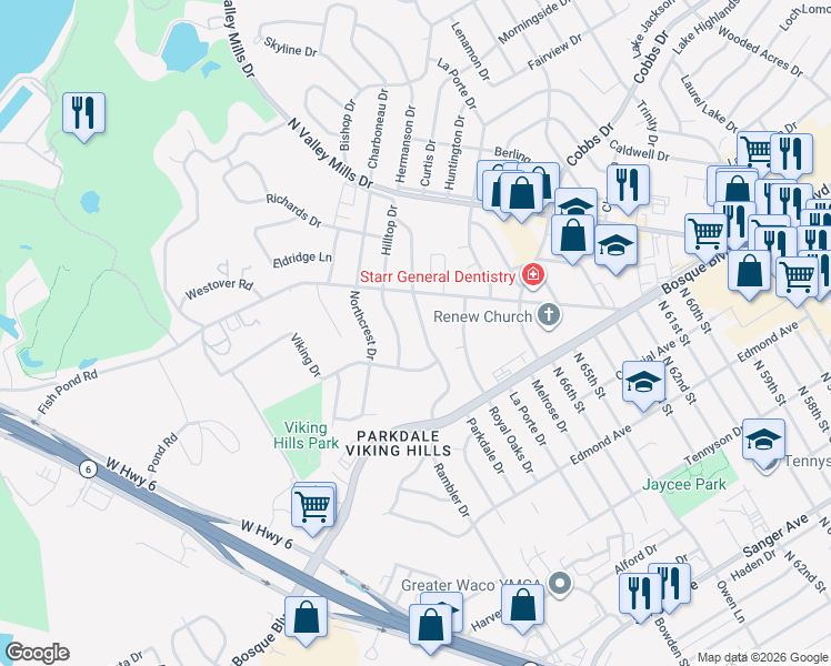 map of restaurants, bars, coffee shops, grocery stores, and more near 1625 Rambler Drive in Waco