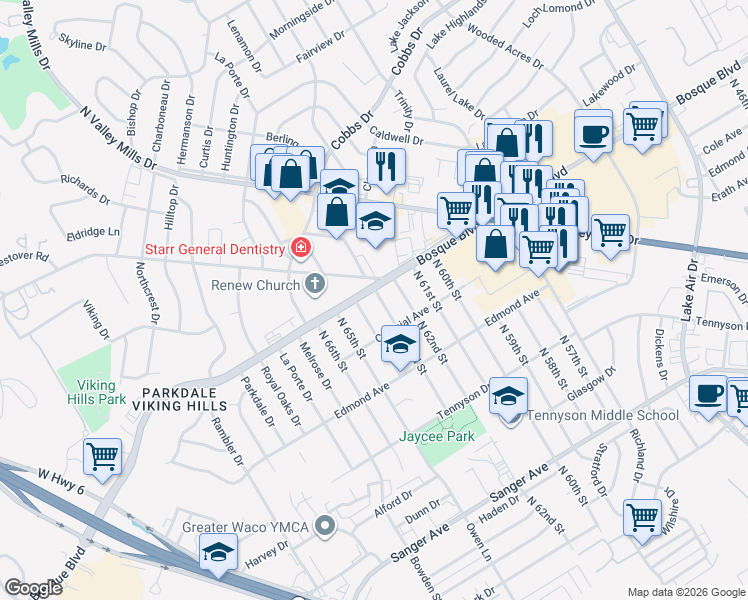 map of restaurants, bars, coffee shops, grocery stores, and more near 1324 North 63rd Street in Waco