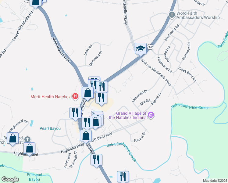 map of restaurants, bars, coffee shops, grocery stores, and more near 3 Bingaman Lane in Natchez