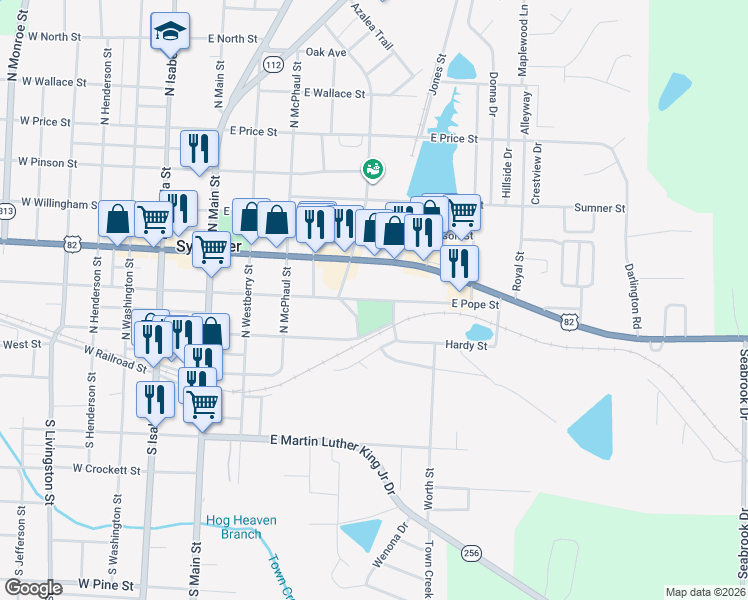 map of restaurants, bars, coffee shops, grocery stores, and more near East Pope Street in Sylvester