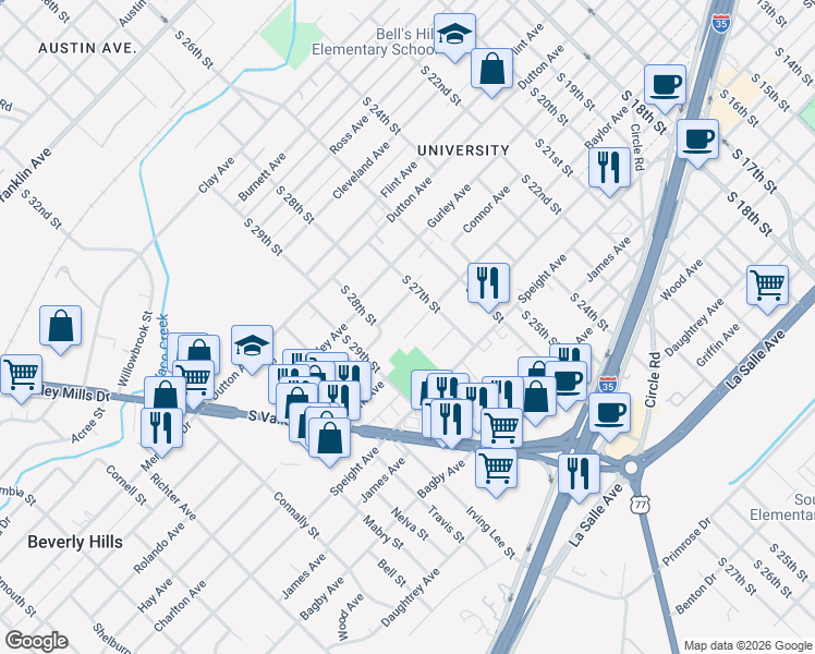 map of restaurants, bars, coffee shops, grocery stores, and more near 2800 Connor Avenue in Waco