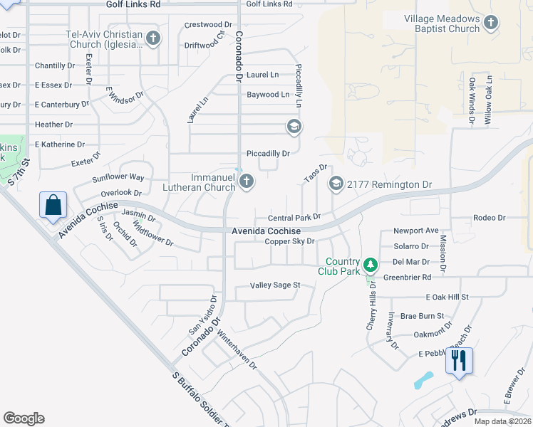 map of restaurants, bars, coffee shops, grocery stores, and more near 2208 Banff Court in Sierra Vista