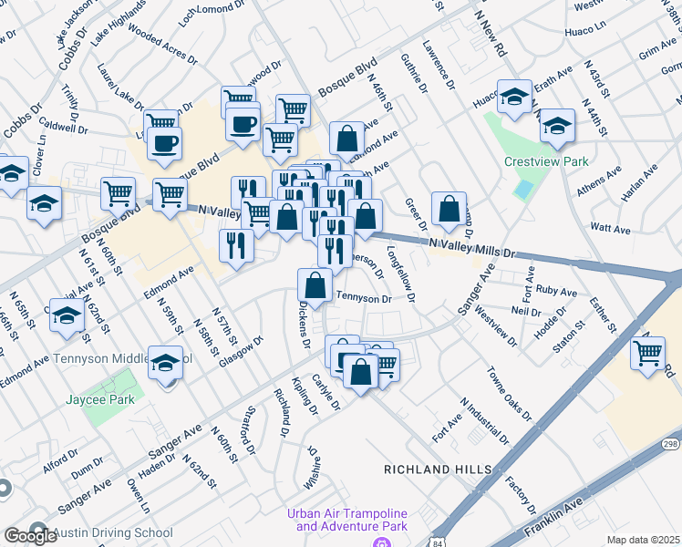map of restaurants, bars, coffee shops, grocery stores, and more near 921 Lake Air Drive in Waco