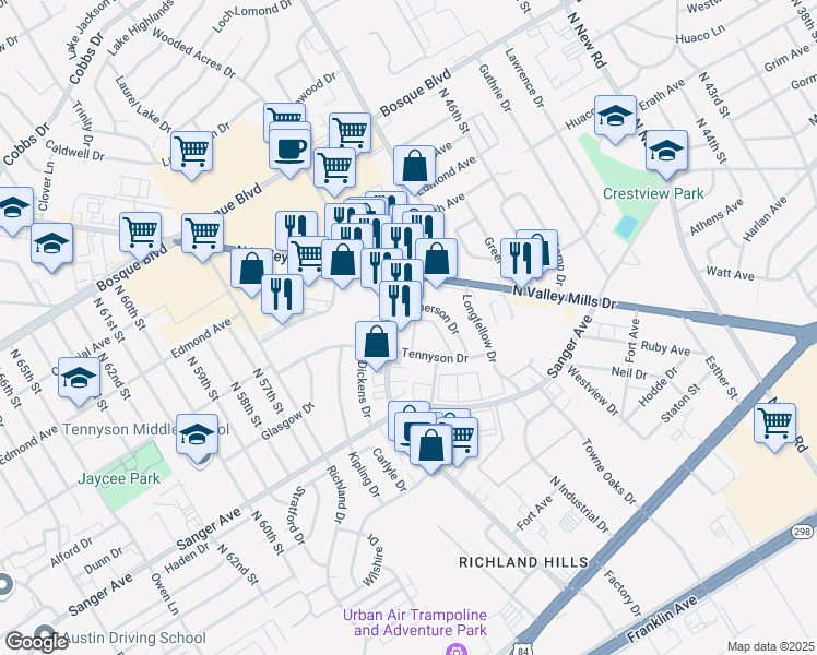 map of restaurants, bars, coffee shops, grocery stores, and more near 921 Lake Air Drive in Waco
