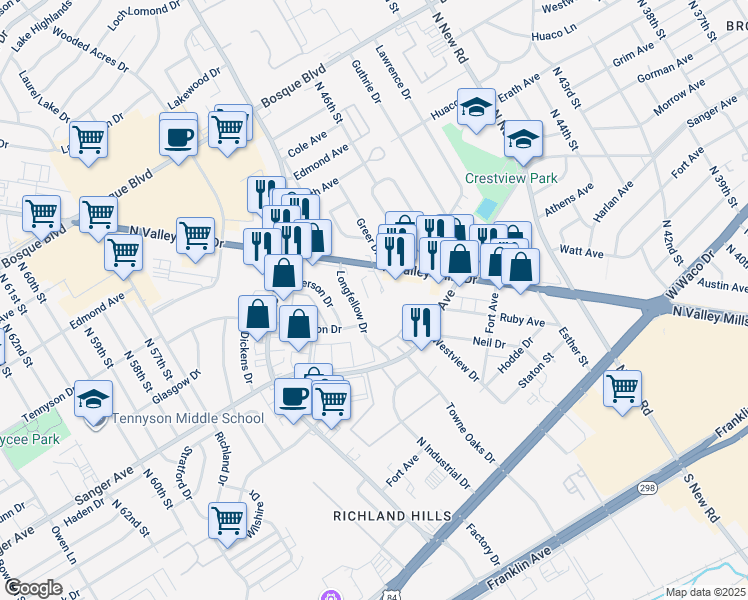 map of restaurants, bars, coffee shops, grocery stores, and more near 920 North Valley Mills Drive in Waco