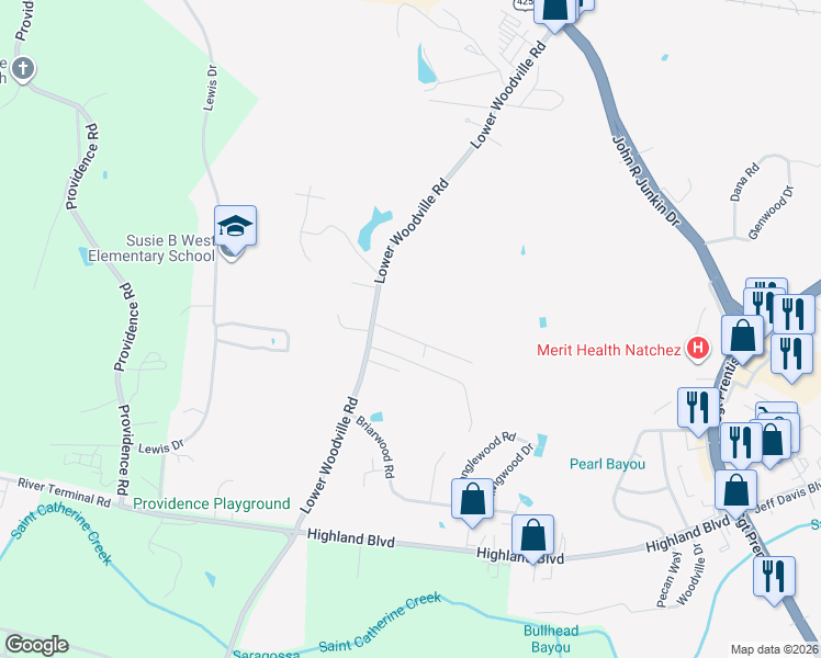 map of restaurants, bars, coffee shops, grocery stores, and more near 111 Gloucester Road in Natchez