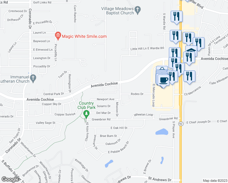 map of restaurants, bars, coffee shops, grocery stores, and more near 2228 Calle Patina in Sierra Vista