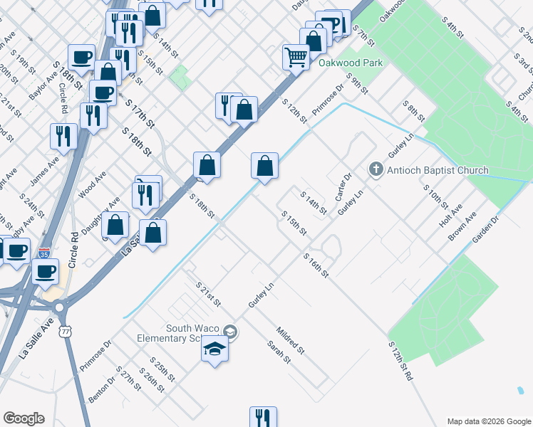 map of restaurants, bars, coffee shops, grocery stores, and more near 2509 South 16th Street in Waco
