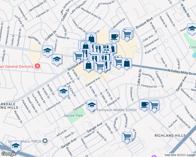 map of restaurants, bars, coffee shops, grocery stores, and more near 1025 North 58th Street in Waco