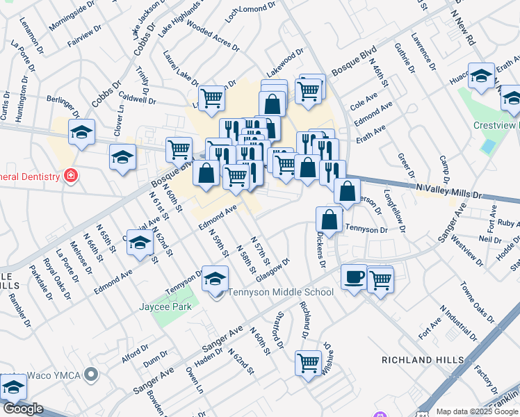 map of restaurants, bars, coffee shops, grocery stores, and more near 825 Wooded Acres Drive in Waco
