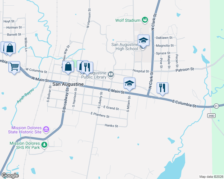 map of restaurants, bars, coffee shops, grocery stores, and more near 201 South Ayish Street in San Augustine