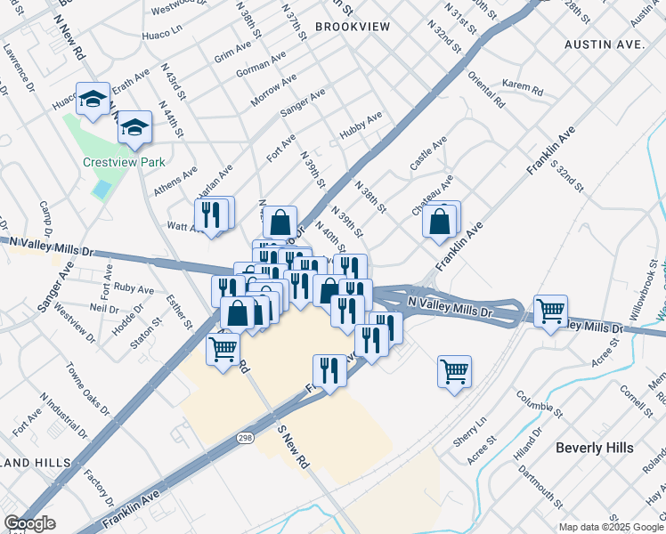 map of restaurants, bars, coffee shops, grocery stores, and more near 4004 Austin Avenue in Waco