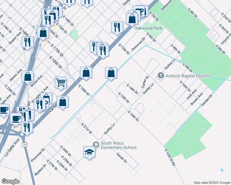 map of restaurants, bars, coffee shops, grocery stores, and more near 2509 South 16th Street in Waco