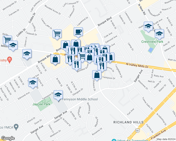 map of restaurants, bars, coffee shops, grocery stores, and more near 5409 Tennyson Drive in Waco