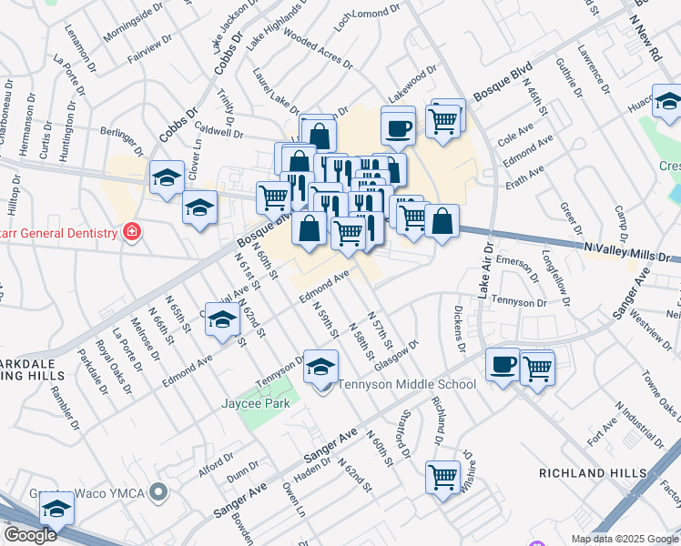 map of restaurants, bars, coffee shops, grocery stores, and more near 1025 North 58th Street in Waco