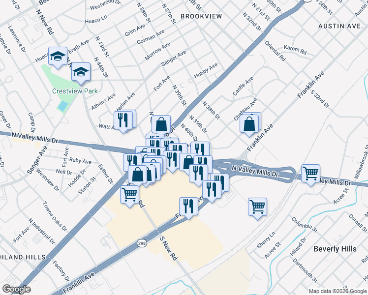 map of restaurants, bars, coffee shops, grocery stores, and more near 4013 Roselawn Drive in Waco