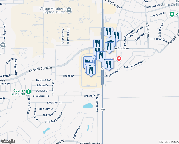 map of restaurants, bars, coffee shops, grocery stores, and more near 2200 El Mercado Loop in Sierra Vista