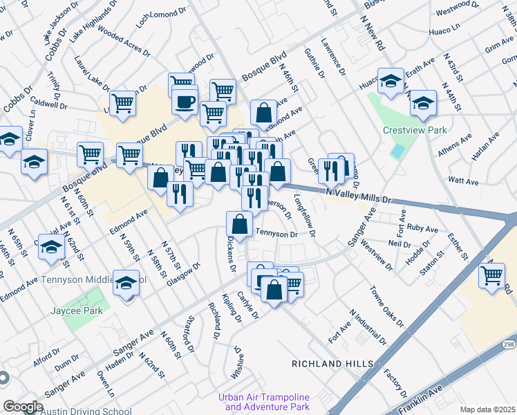 map of restaurants, bars, coffee shops, grocery stores, and more near 921 Lake Air Drive in Waco