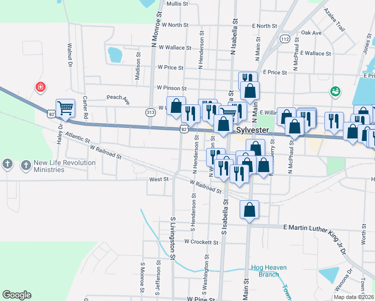 map of restaurants, bars, coffee shops, grocery stores, and more near 201-249 N Henderson St in Sylvester