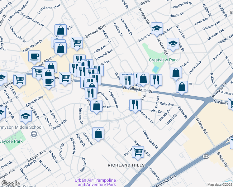 map of restaurants, bars, coffee shops, grocery stores, and more near 928 Texas 396 Loop in Waco
