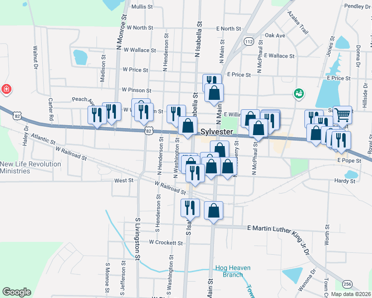 map of restaurants, bars, coffee shops, grocery stores, and more near 301-399 Camilla-Sylvester Hwy in Sylvester