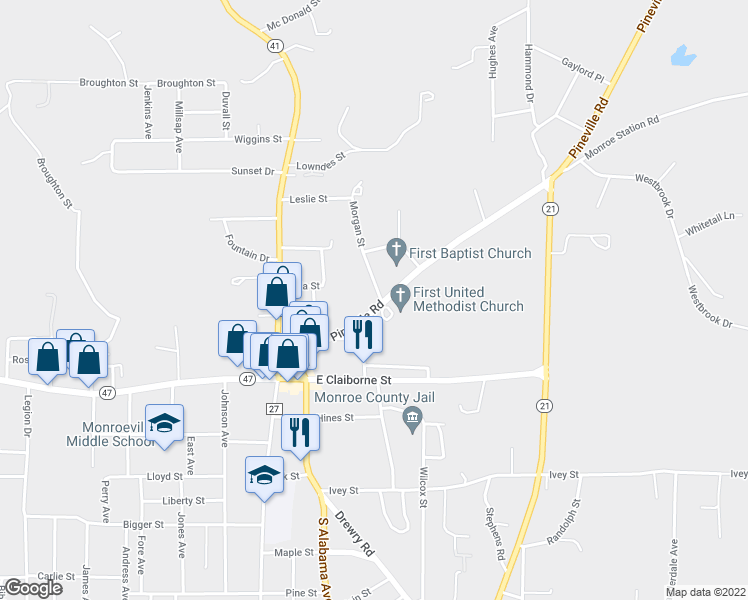 map of restaurants, bars, coffee shops, grocery stores, and more near 51-425 Lazenby Street in Monroeville