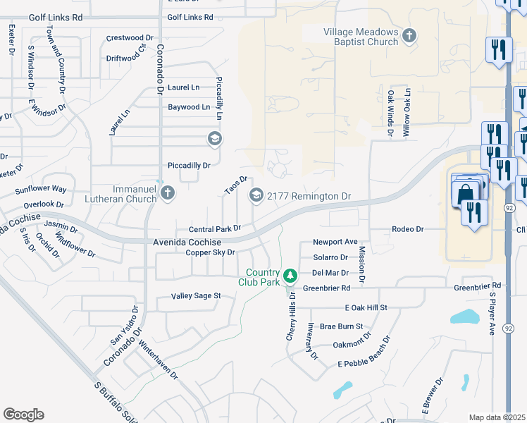 map of restaurants, bars, coffee shops, grocery stores, and more near 2163 Remington Drive in Sierra Vista