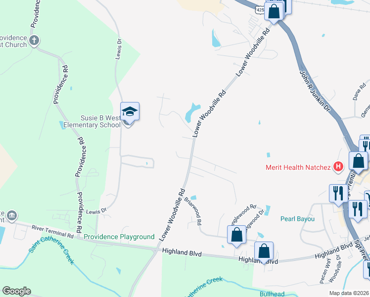 map of restaurants, bars, coffee shops, grocery stores, and more near 218 Lower Woodville Road in Natchez