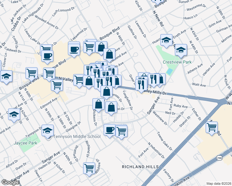 map of restaurants, bars, coffee shops, grocery stores, and more near 937 Emerson Drive in Waco