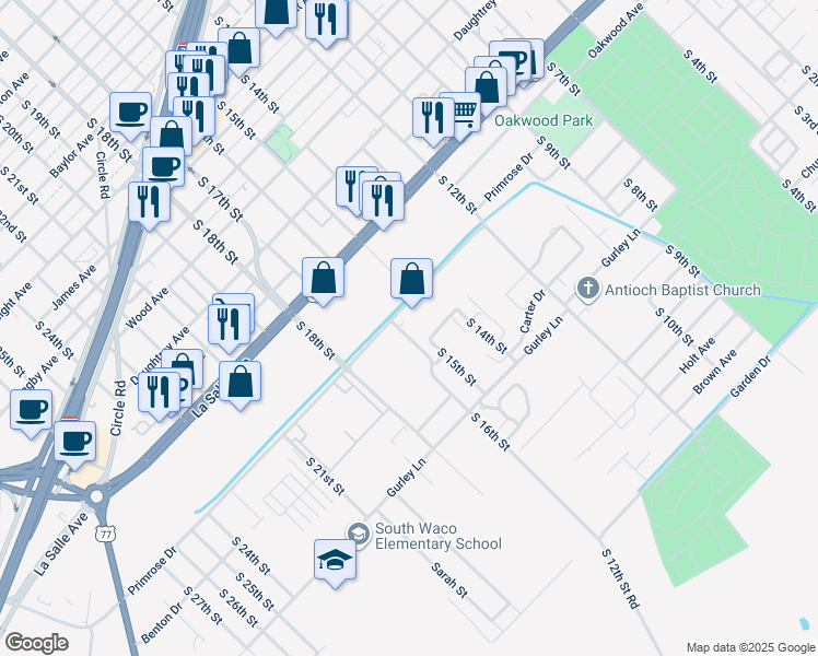 map of restaurants, bars, coffee shops, grocery stores, and more near 1413 Benton Drive in Waco