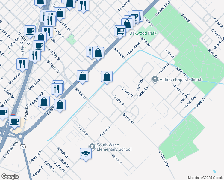 map of restaurants, bars, coffee shops, grocery stores, and more near 1413 Benton Drive in Waco