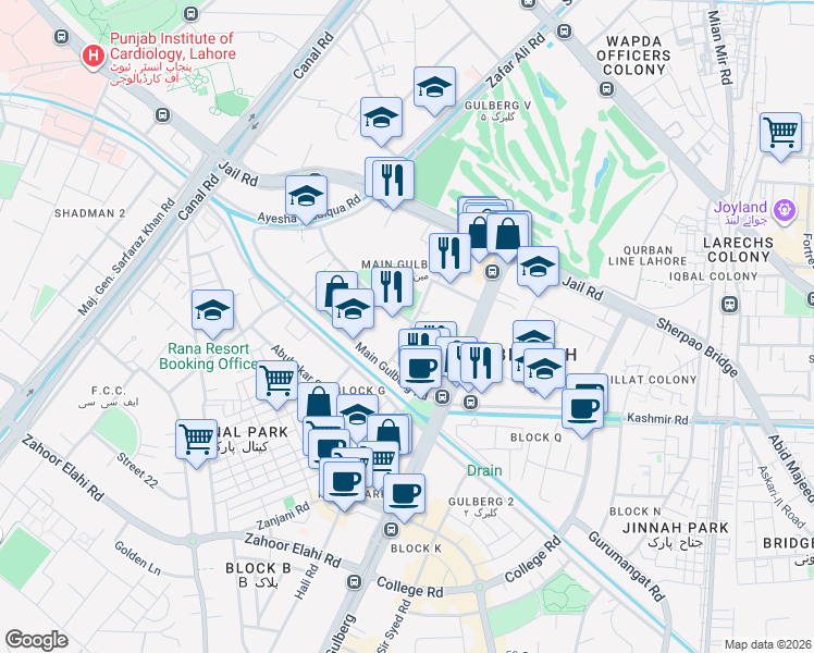 map of restaurants, bars, coffee shops, grocery stores, and more near Main Boulevard Gulberg in Lahore