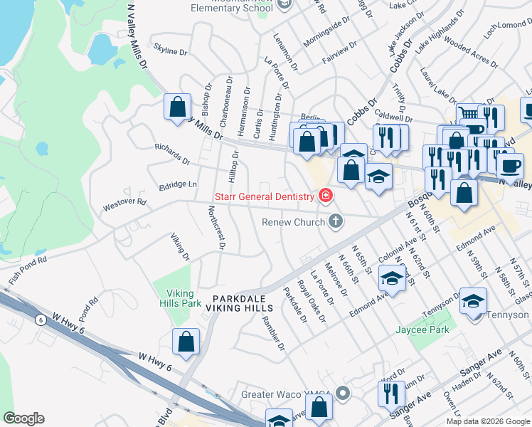 map of restaurants, bars, coffee shops, grocery stores, and more near 1725 Rambler Drive in Waco