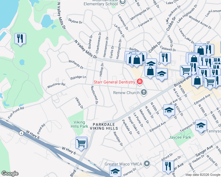 map of restaurants, bars, coffee shops, grocery stores, and more near 1725 Rambler Drive in Waco
