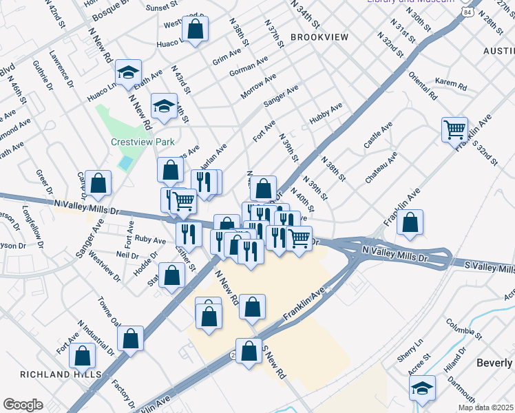 map of restaurants, bars, coffee shops, grocery stores, and more near 4214 Hubby Avenue in Waco