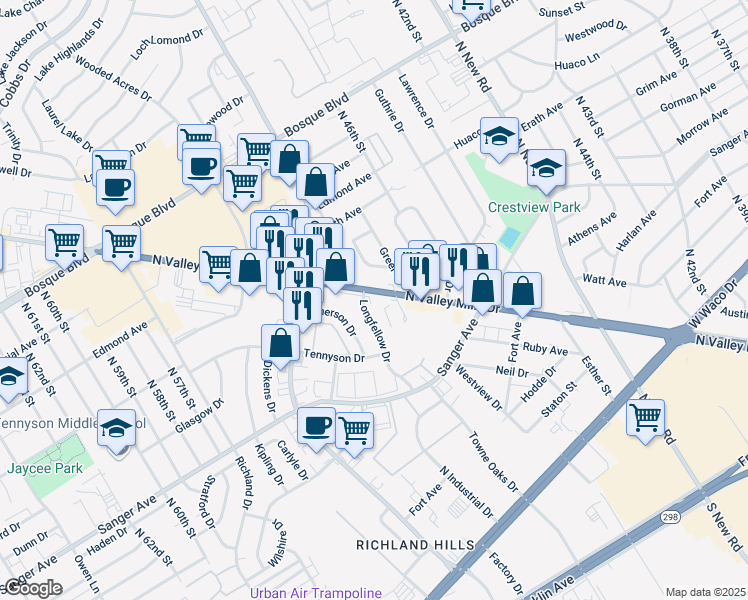 map of restaurants, bars, coffee shops, grocery stores, and more near 928 Texas 396 Loop in Waco