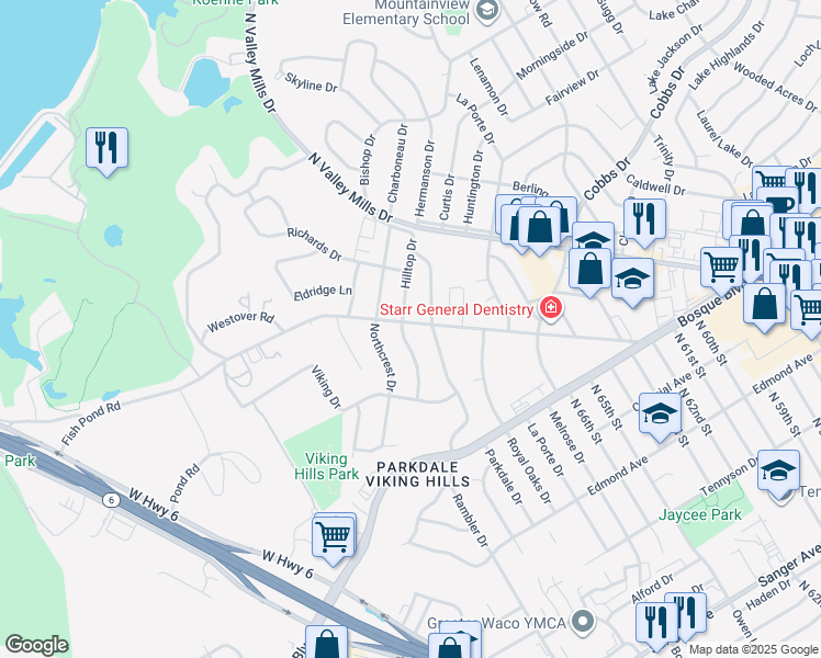map of restaurants, bars, coffee shops, grocery stores, and more near 1733 Hilltop Drive in Waco