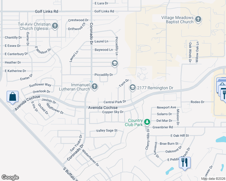 map of restaurants, bars, coffee shops, grocery stores, and more near 2147 Tahoe Place in Sierra Vista