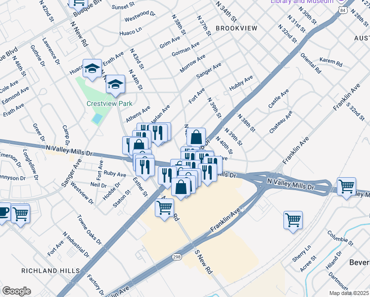 map of restaurants, bars, coffee shops, grocery stores, and more near 4214 Hubby Avenue in Waco
