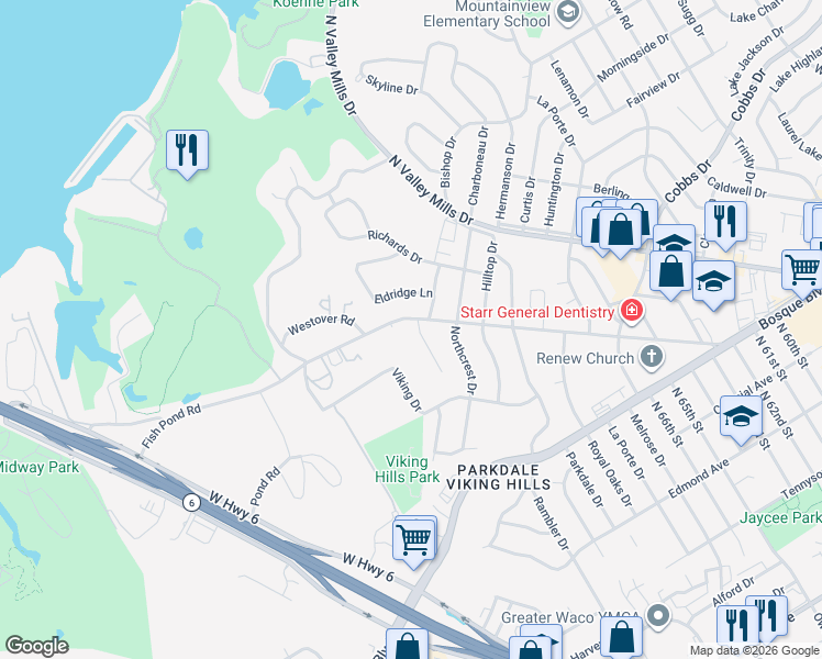 map of restaurants, bars, coffee shops, grocery stores, and more near 7100 Fish Pond Road in Waco