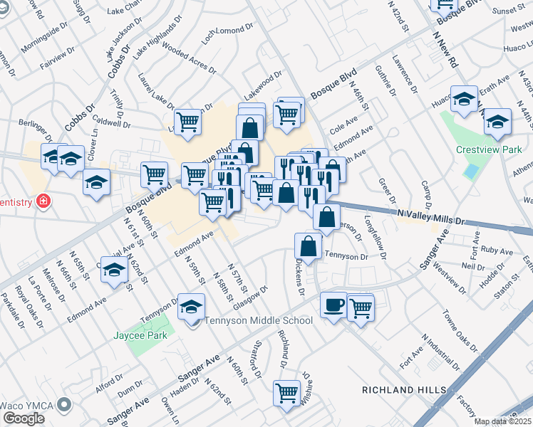 map of restaurants, bars, coffee shops, grocery stores, and more near in Waco