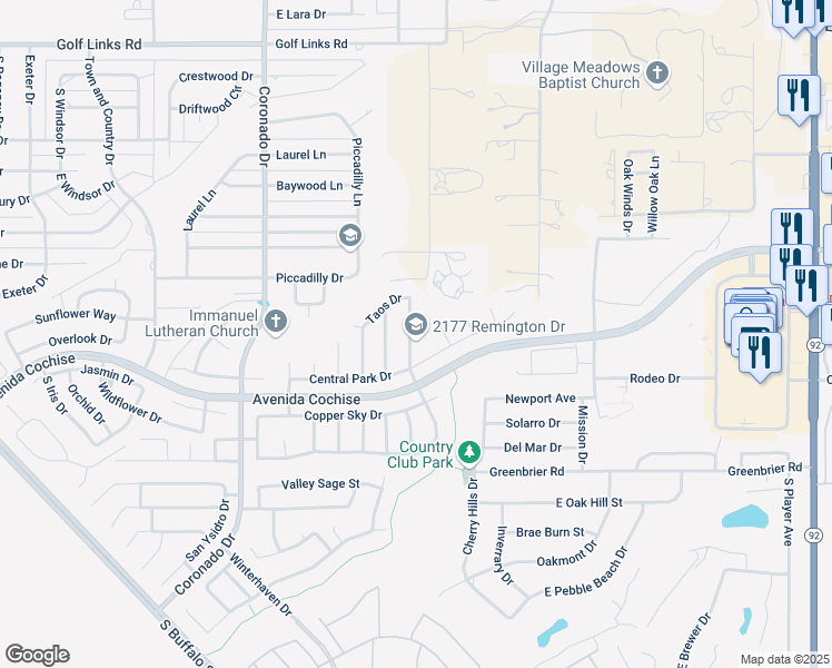 map of restaurants, bars, coffee shops, grocery stores, and more near 2163 Remington Drive in Sierra Vista