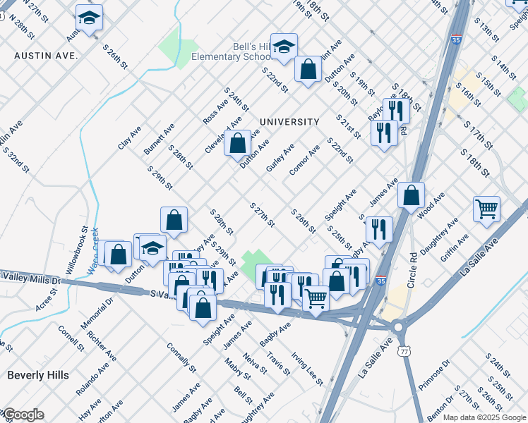 map of restaurants, bars, coffee shops, grocery stores, and more near 1312 S 27th St in Waco