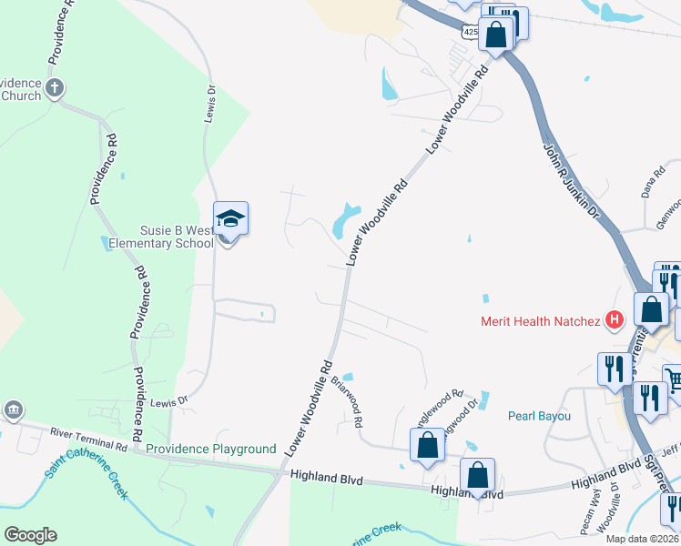 map of restaurants, bars, coffee shops, grocery stores, and more near 218 Lower Woodville Road in Natchez