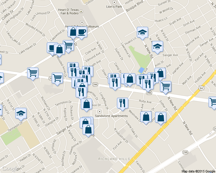 map of restaurants, bars, coffee shops, grocery stores, and more near 932 North Valley Mills Drive in Waco