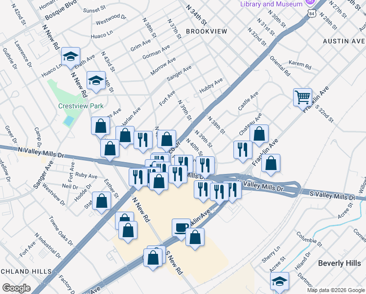 map of restaurants, bars, coffee shops, grocery stores, and more near 310 North 40th Street in Waco