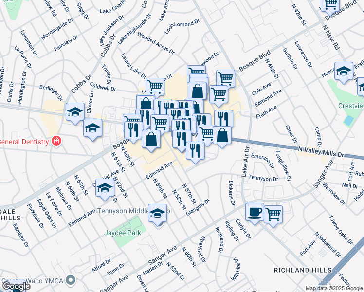 map of restaurants, bars, coffee shops, grocery stores, and more near 1109-1187 Richland Drive in Waco